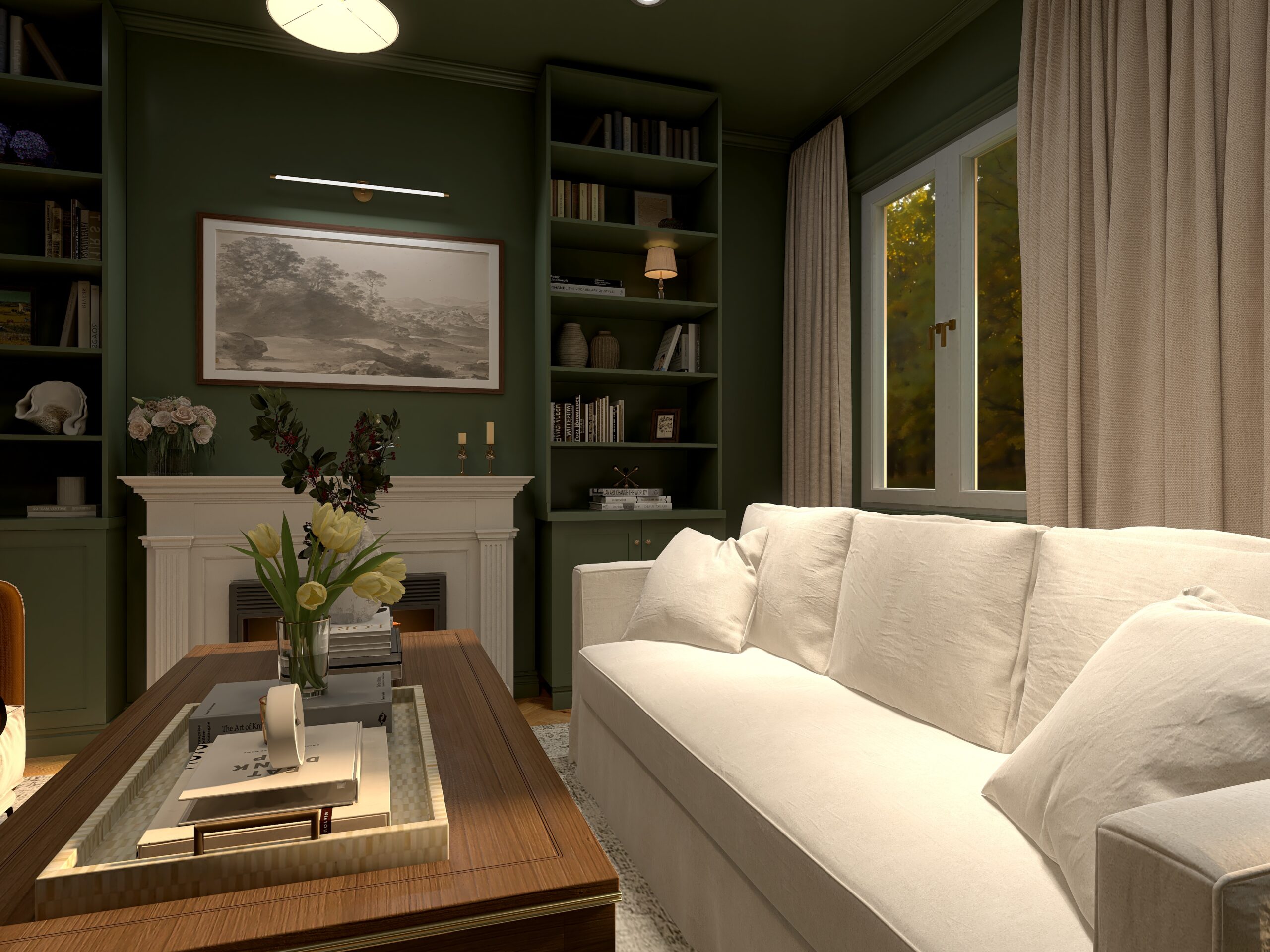 Rendu 3D 4k salon style foncé avec un canapé blanc, murs vert, cheminée