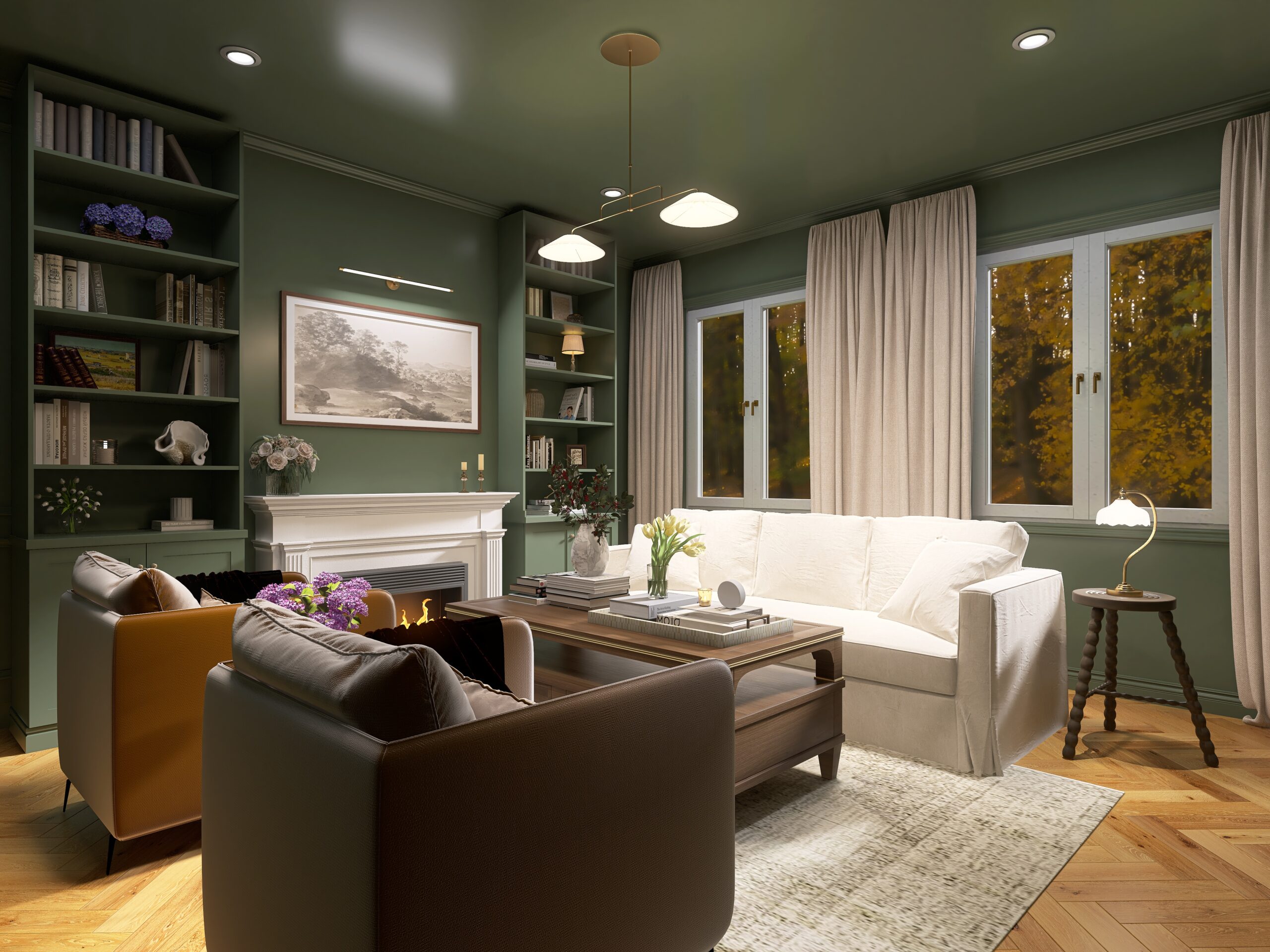 Vue d'ensemble rendu 4K salon complètement vert avec canapé blanc, fauteuils velours bronze