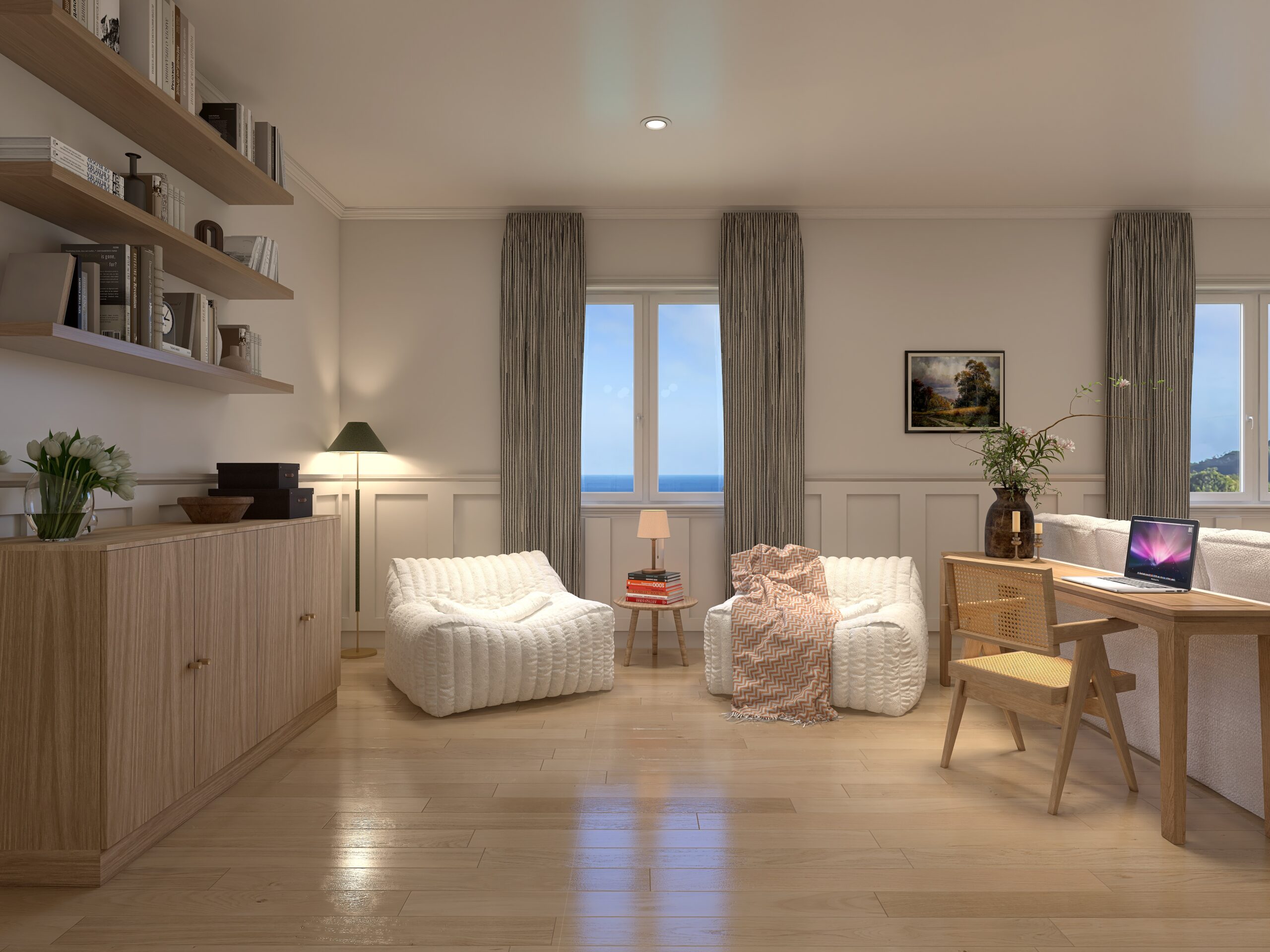 Rendu 3D 4k, un coin détente dans un salon aux lignes modernes et épurées