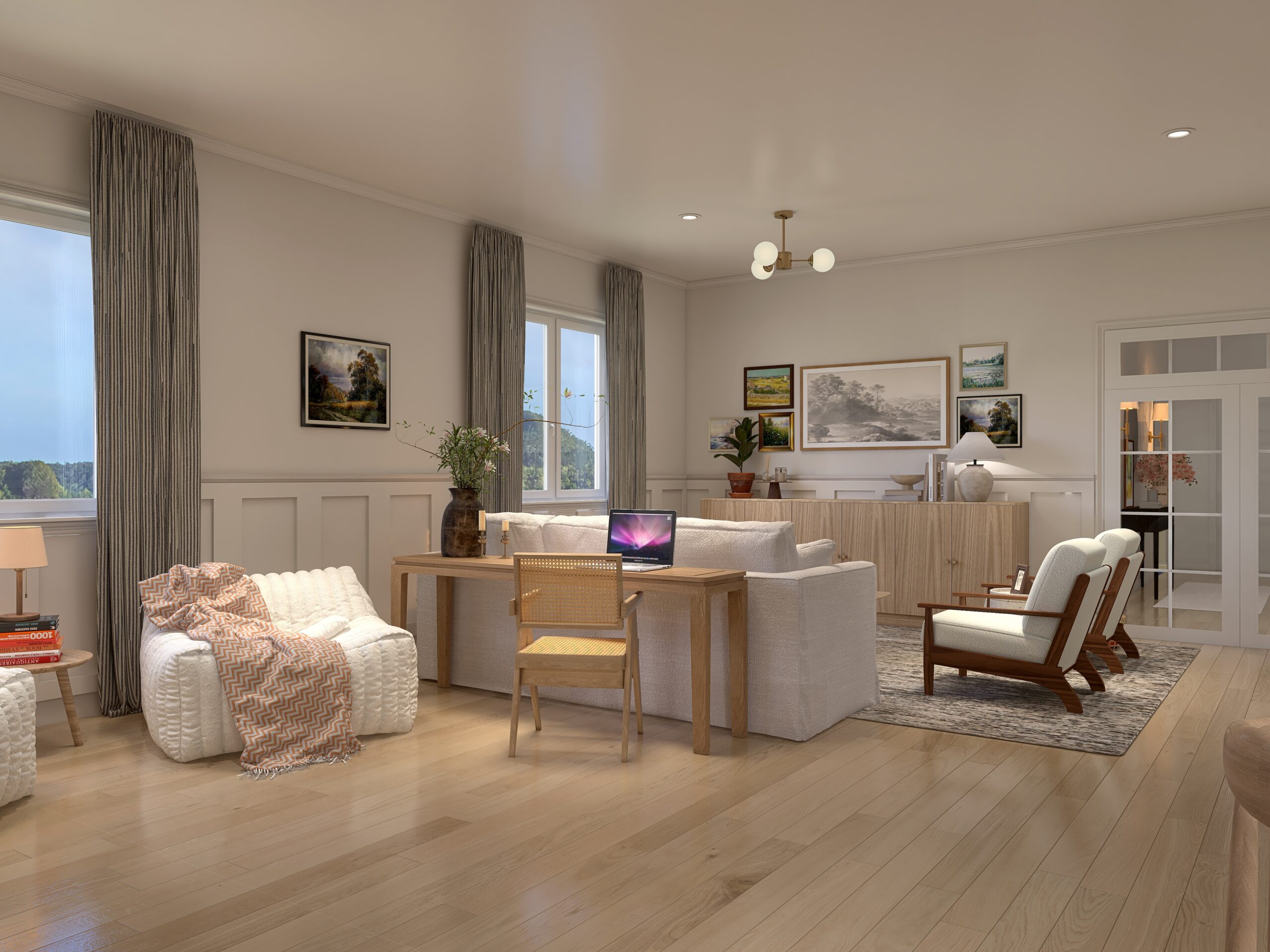 Vue d'ensemble d'un rendu 3D 4k, un salon aux lignes modernes et épurées. Canapé blanc, fauteuils bouclette, meubles en Chen clair et mur de cadres