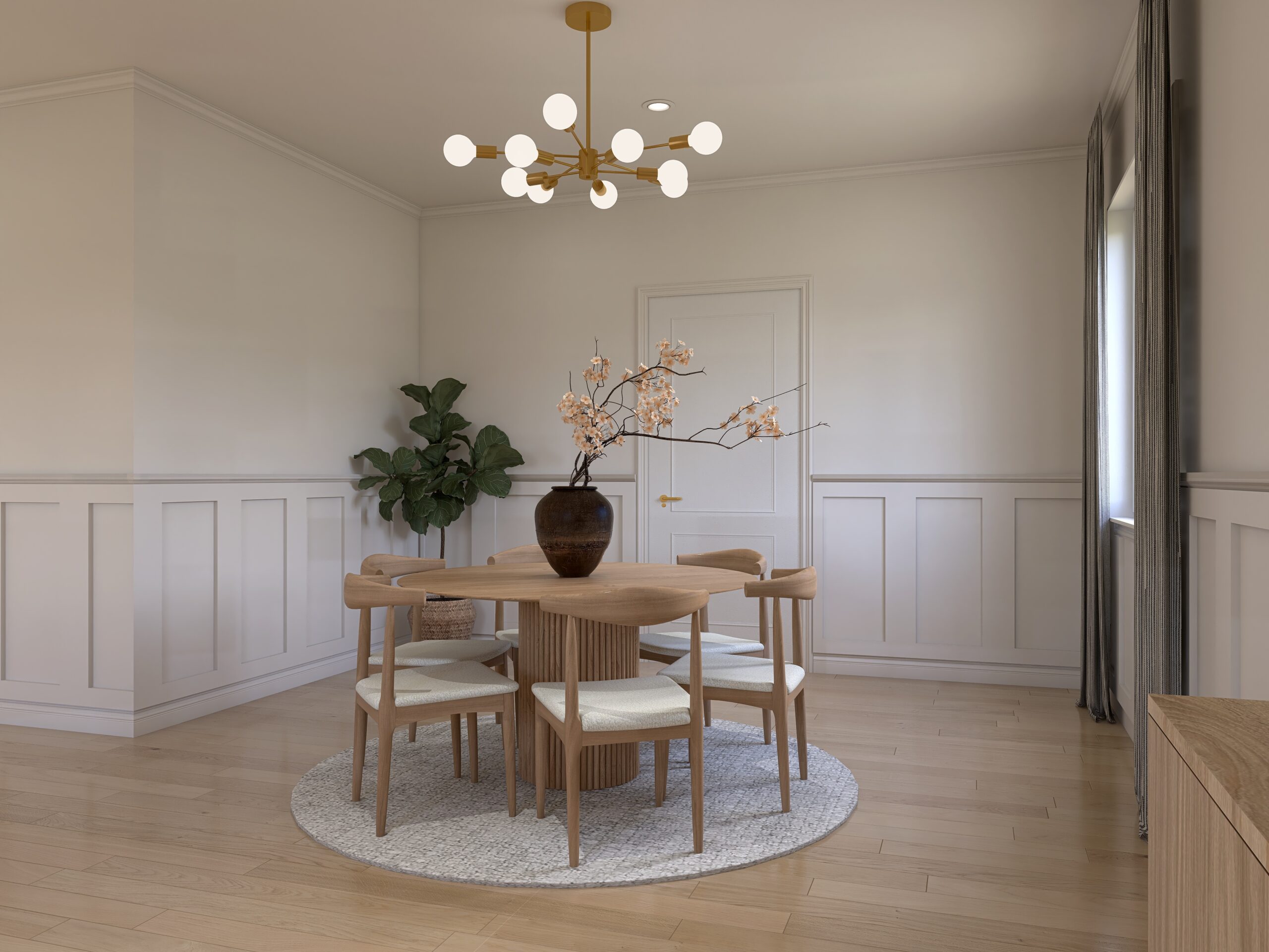 Coin salle a manger épuré, une table ronde en chêne clair aux lignes modernes avec des chaises bois et bouclette, un vase vintage vient apporter un peu de caractère