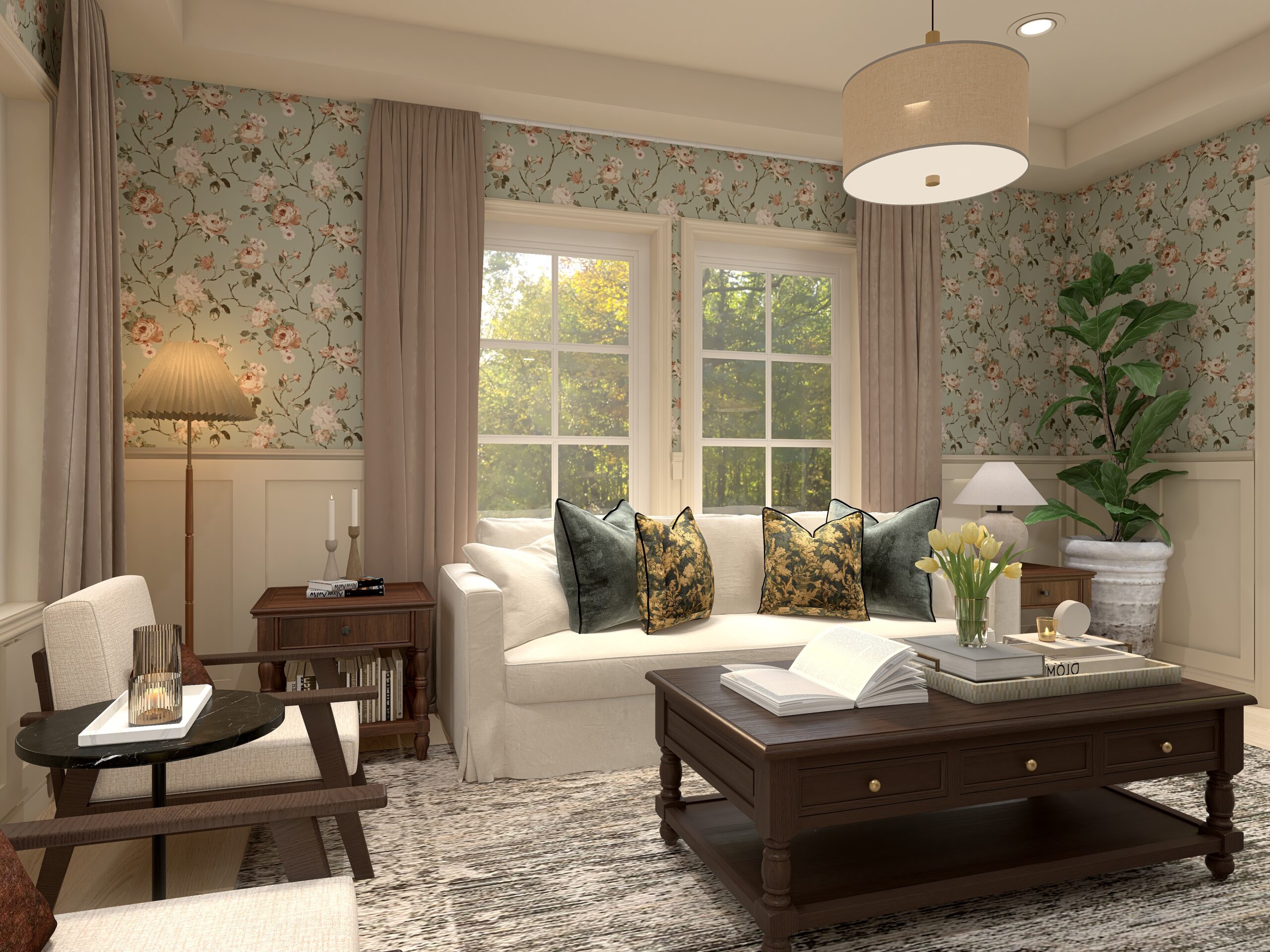 Rendu 3D 4k salon style cottage romantique avec papier peint fleuri et meubles mix ancien et neufs