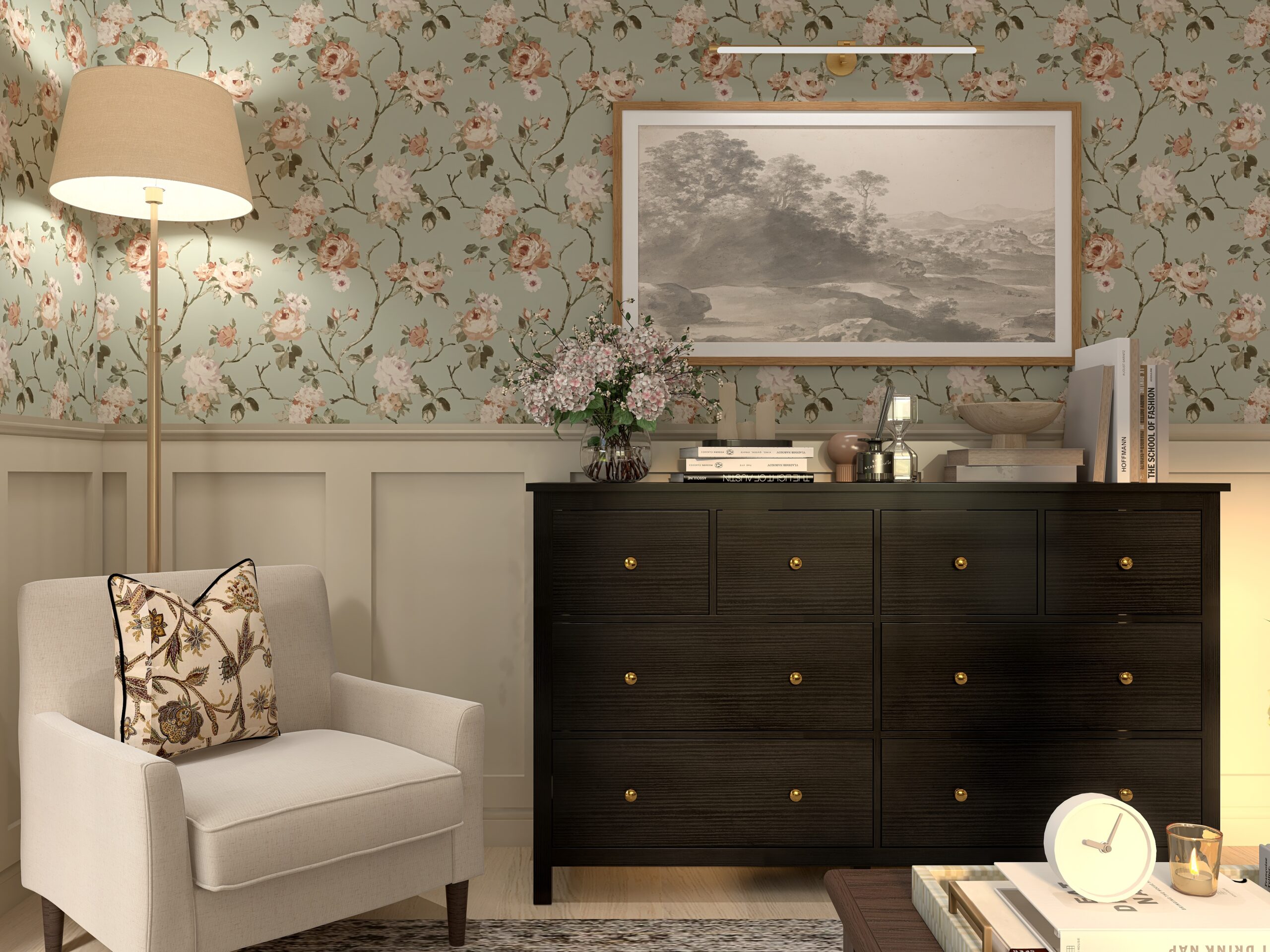 Image rendu 3D 4k d'un coin d'un salon au style cottage avec une commode noir, une télé Aram, un petit fauteuil dans l'angle