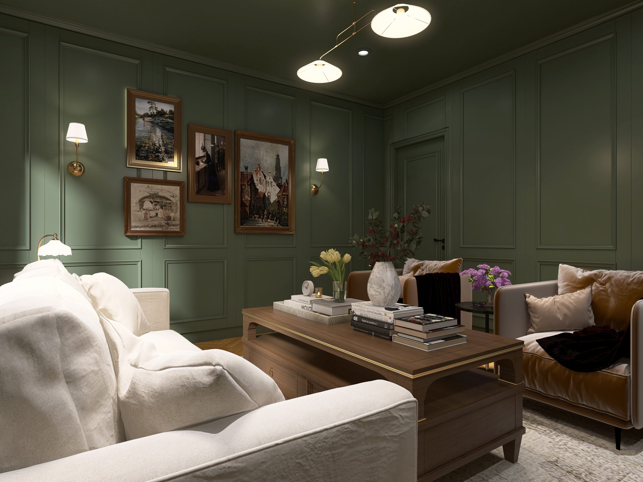 Rendu 3D 4K salon style Moody foncé vert